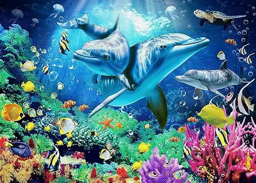 Jigsaw puzzles 1000 pieces for adults and families featuring vibrant dolphins and colorful coral reefs underwater scene