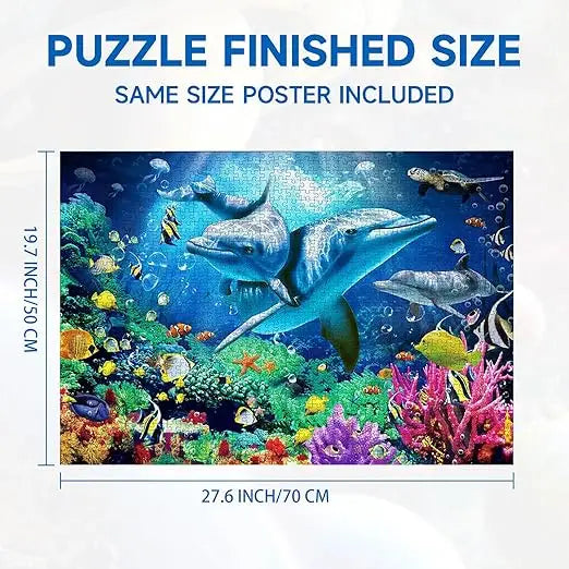 Jigsaw puzzles 1000 pieces for adults and families featuring vibrant dolphins and colorful coral reefs underwater scene
