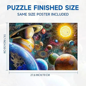 Vibrant space-themed 1000 piece jigsaw puzzle featuring planets saturn and earth on a starry backdrop 27.6 by 19.7 inches