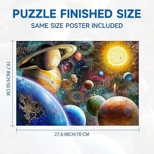 Jigsaw puzzles 1000 pieces for adults featuring a vibrant space mural with saturn and a glowing sun background