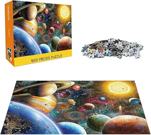 Jigsaw puzzles 1000 pieces for adults featuring a vibrant space mural with saturn and a glowing sun background