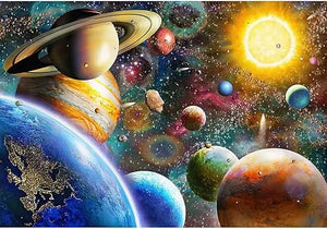 Jigsaw puzzles 1000 pieces for adults featuring a vibrant space mural with saturn and a glowing sun background