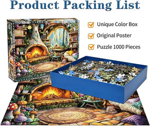 Jigsaw puzzles for adults 1000 piece blue box featuring an illustrated fantasy scene with mushrooms books and fireplace
