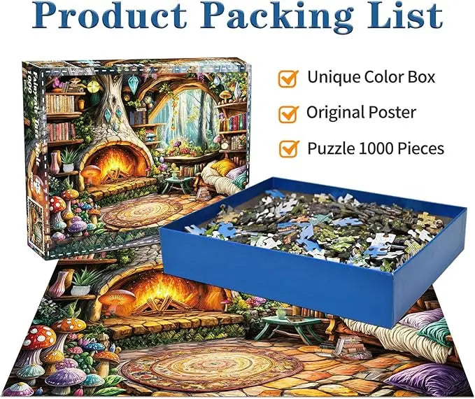 Jigsaw puzzle for adults 1000 piece featuring a cozy enchanted treehouse interior with a warm stone fireplace and colorful books