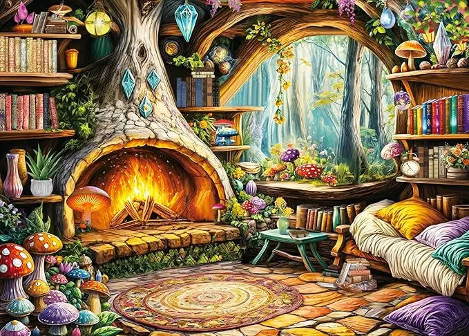 Jigsaw puzzle for adults 1000 piece featuring a cozy enchanted treehouse interior with a warm stone fireplace and colorful books