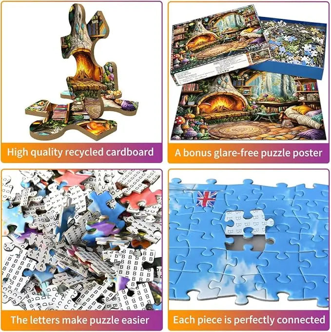 Jigsaw puzzle for adults 1000 piece featuring a cozy enchanted treehouse interior with a warm stone fireplace and colorful books