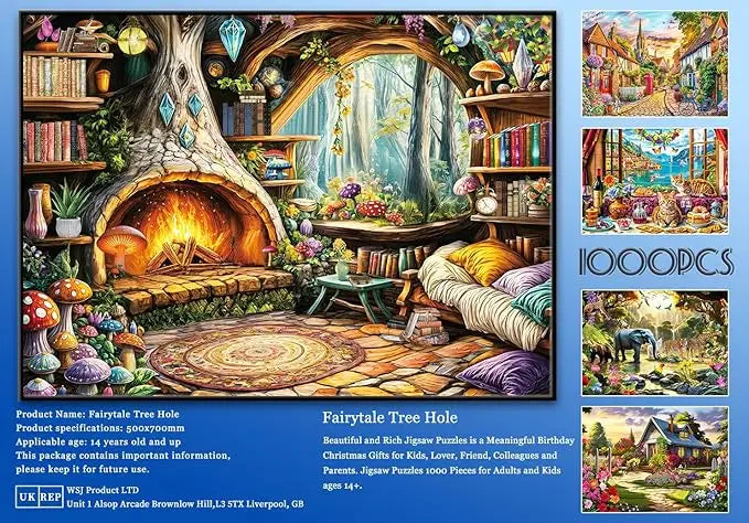 Jigsaw puzzle for adults 1000 piece featuring a cozy enchanted treehouse interior with a warm stone fireplace and colorful books