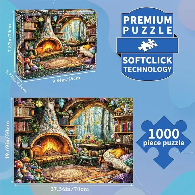 Jigsaw puzzle for adults 1000 piece featuring a cozy enchanted treehouse interior with a warm stone fireplace and colorful books