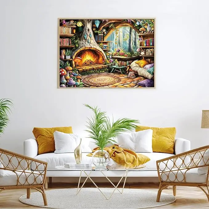 Jigsaw puzzle for adults 1000 piece featuring a cozy enchanted treehouse interior with a warm stone fireplace and colorful books