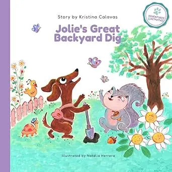 A cheerful brown dog wearing a pink bow and holding a shovel stands beside a smiling gray squirrel in a sunny backyard