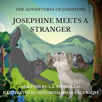 Illustrated children’s book cover of josephine meets a stranger featuring two wolves in an animated forest setting