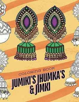 Elegant purple and green jhumka earrings with intricate gold detailing featured in Jumiki’s Jhumka and Jimki coloring book