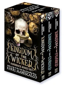 Kingdom of the wicked paperback boxed set featuring a black cover with a skull and gold brown floral snake design