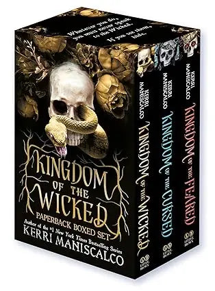 Kingdom of the wicked paperback boxed set featuring a black cover with a skull and gold brown floral snake design