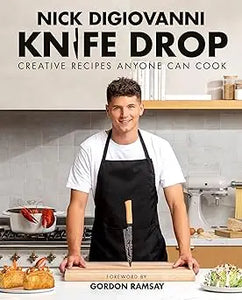 Knife drop book cover featuring author nick digiovanni wearing a black apron for cooking and kitchen use