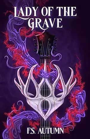 A stylized white guitar named lady of the grave with ornate antler-like embellishments and glowing purple red flames