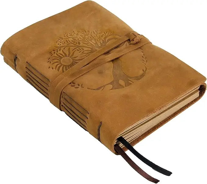 Tan suede leather journal for women and men with embossed tree of life sun design and leather tie closure