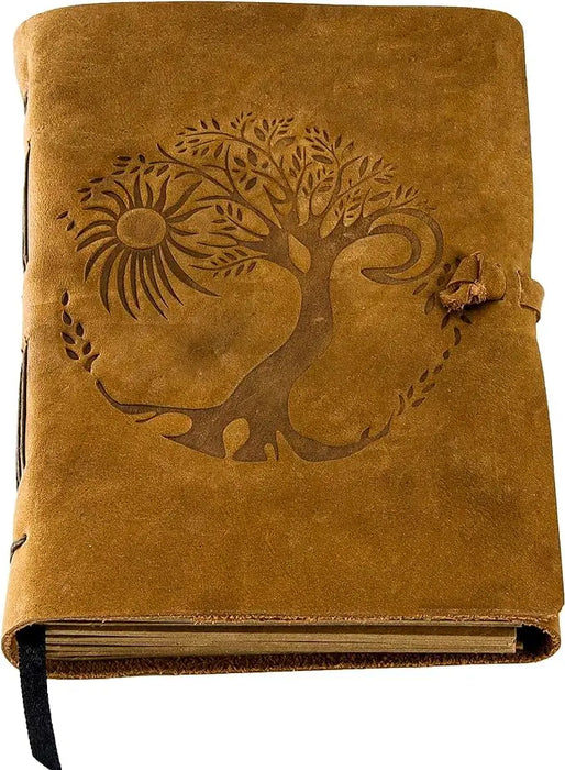 Tan suede leather journal for women and men with embossed tree of life sun design and leather tie closure