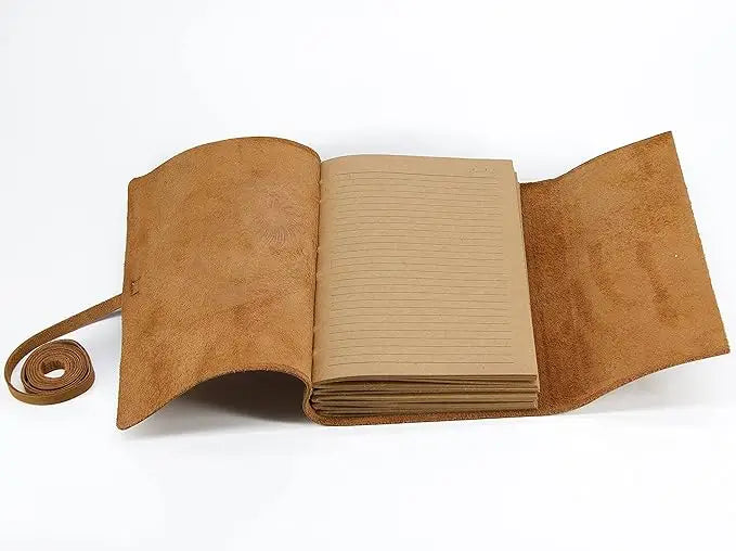 Tan suede leather journal for women and men with embossed tree of life sun design and leather tie closure