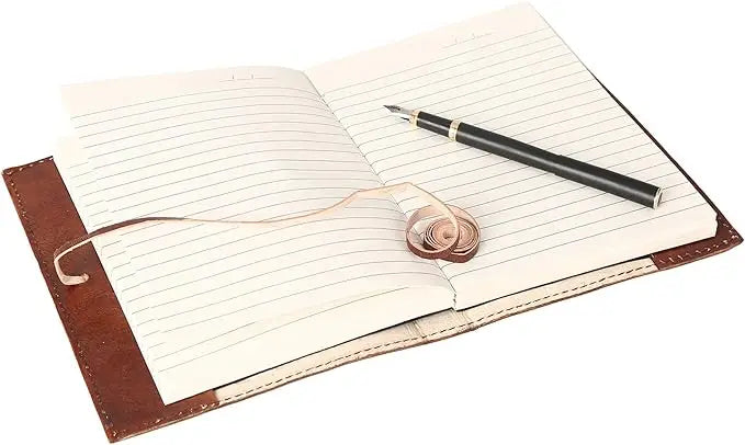 Brown leather refillable journal with embossed tree of life design and turquoise stone centerpiece handmade lined paper