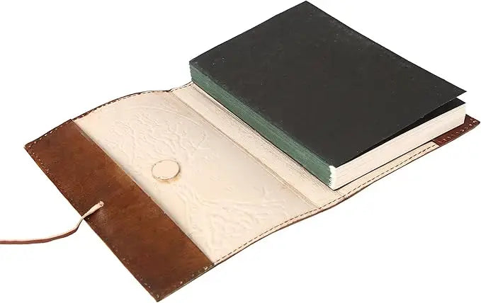 Brown leather refillable journal with embossed tree of life design and turquoise stone centerpiece handmade lined paper