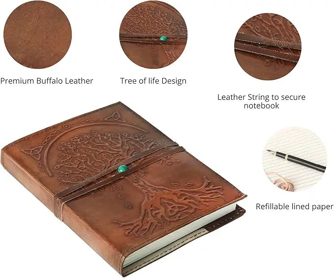 Brown leather refillable journal with embossed tree of life design and turquoise stone centerpiece handmade lined paper