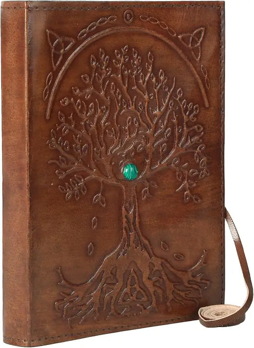Brown leather refillable journal with embossed tree of life design and turquoise stone centerpiece handmade lined paper