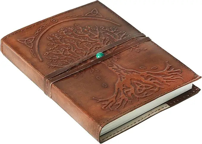 Brown leather refillable journal with embossed tree of life design and turquoise stone centerpiece handmade lined paper