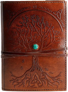 Brown leather refillable journal with embossed tree of life design and turquoise stone centerpiece handmade lined paper