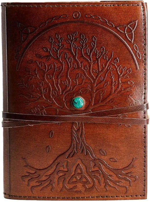 Brown leather refillable journal with embossed tree of life design and turquoise stone centerpiece handmade lined paper