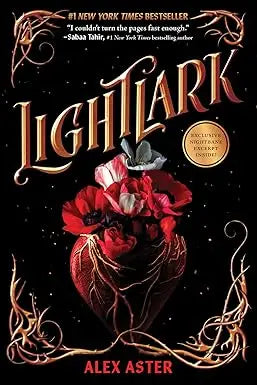 The lightlark book cover features ornate gold lighthark lettering with red roses and a silver moth on a dark background