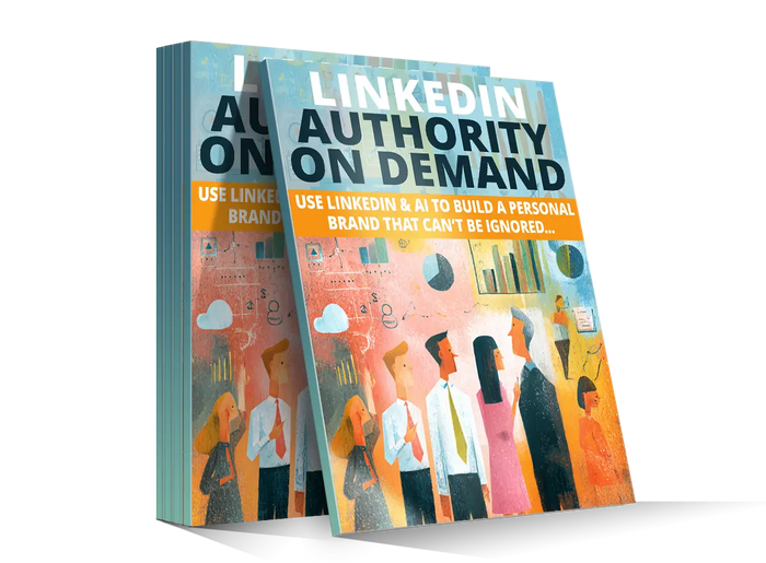 Stack of linkedin authority on demand books with colorful illustrated covers showing business professionals and graphs