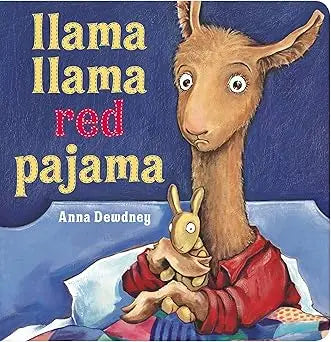A children’s book cover featuring a brown llama in red pajamas holding a small golden rabbit by Anna Dewdney