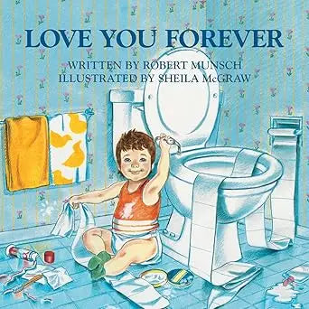 A child in an orange tank top and diaper sits on a blue tiled floor surrounded by toilet paper rolls and towels love you forever