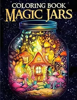 A vibrant coloring book cover titled magic jar featuring a glass jar with glowing magical scenery and whimsical mushrooms