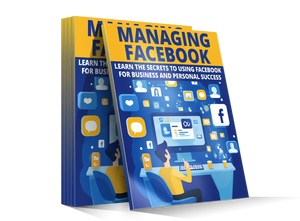Blue and yellow managing facebook ebook cover featuring digital icons for social media marketing guide