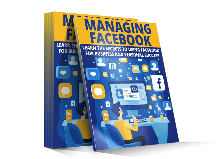 Blue and yellow managing facebook ebook cover featuring digital icons for social media marketing guide