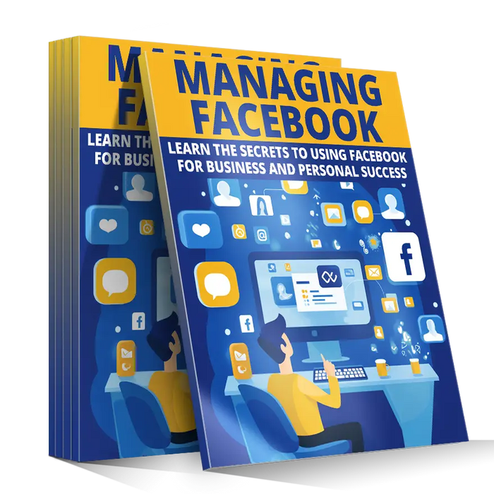 Blue and yellow managing facebook ebook cover featuring digital icons for social media marketing guide