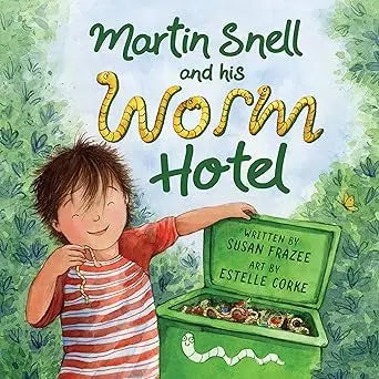 Green plastic bin with lid featuring worm illustrations and yellow title martin snell and his worm hotel for composting