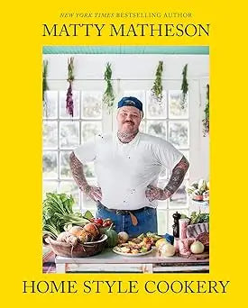 The book cover of Matty Matheson home style cookery features a vibrant yellow background with fresh produce