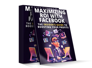 Dark blue hardcover book titled maximizing roi with facebook featuring cartoon man in suit with floating social media icons