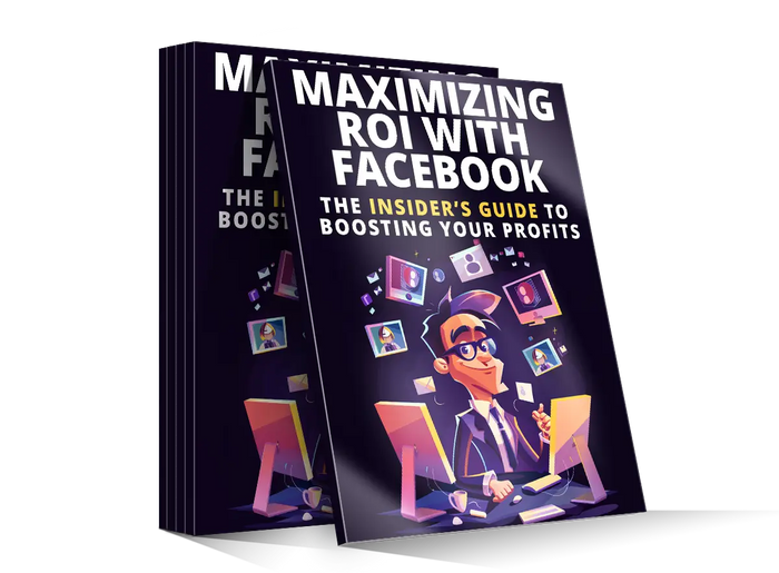 Dark blue hardcover book titled maximizing roi with facebook featuring cartoon man in suit with floating social media icons