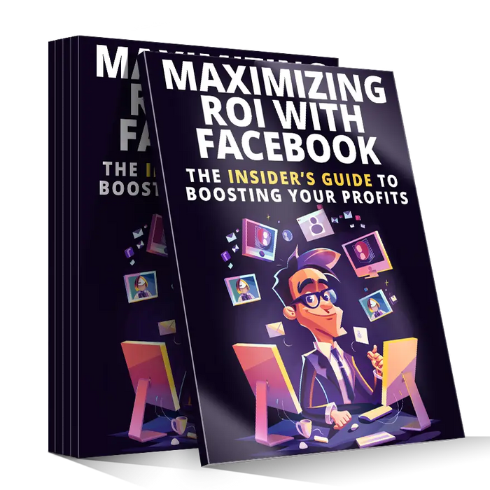 Dark blue hardcover book titled maximizing roi with facebook featuring cartoon man in suit with floating social media icons
