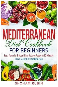 Mediterranean diet cookbook for beginners with vibrant colorful cover featuring fresh produce imagery