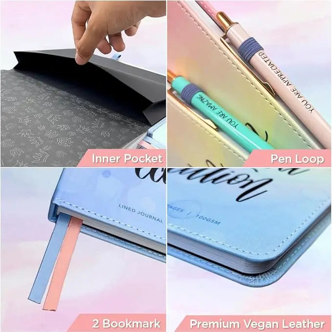 Pastel gradient watercolor mesos a5 vegan leather lined journal for women with gold crown and limited edition text