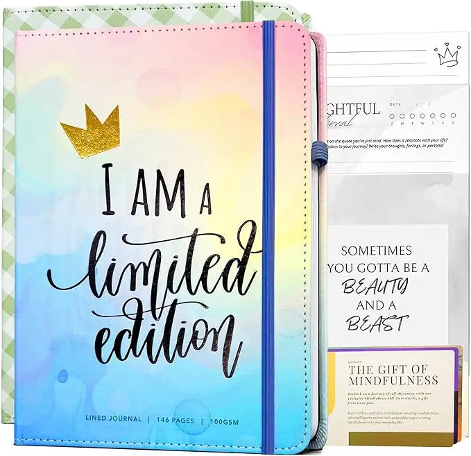 Pastel gradient watercolor mesos a5 vegan leather lined journal for women with gold crown and limited edition text