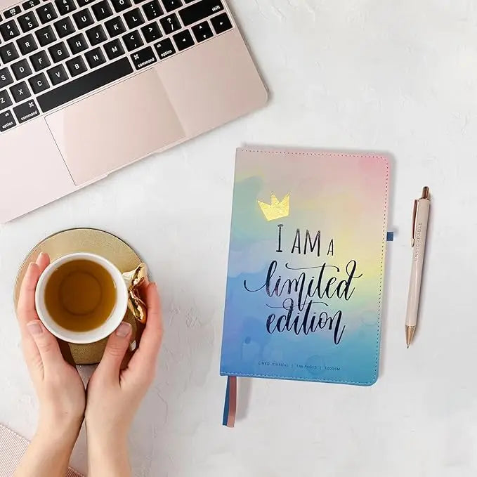 Pastel gradient watercolor mesos a5 vegan leather lined journal for women with gold crown and limited edition text