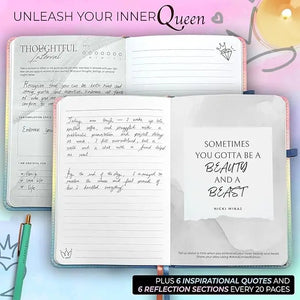 Pink and lavender mesos a5 vegan leather lined journal for women with handwritten entries and diamond crown design pages
