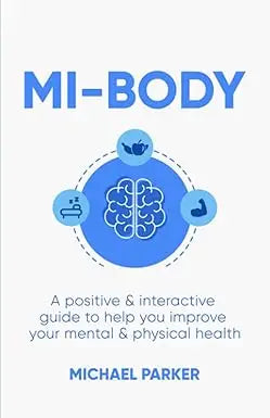 Blue mi-body book cover featuring a brain icon surrounded by sleep exercise and mindfulness symbols for wellbeing