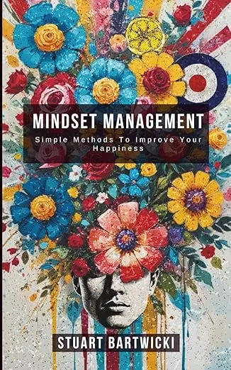 A vibrant colorful book cover of mindset management showing a stylized human face with flowers bursting from the head